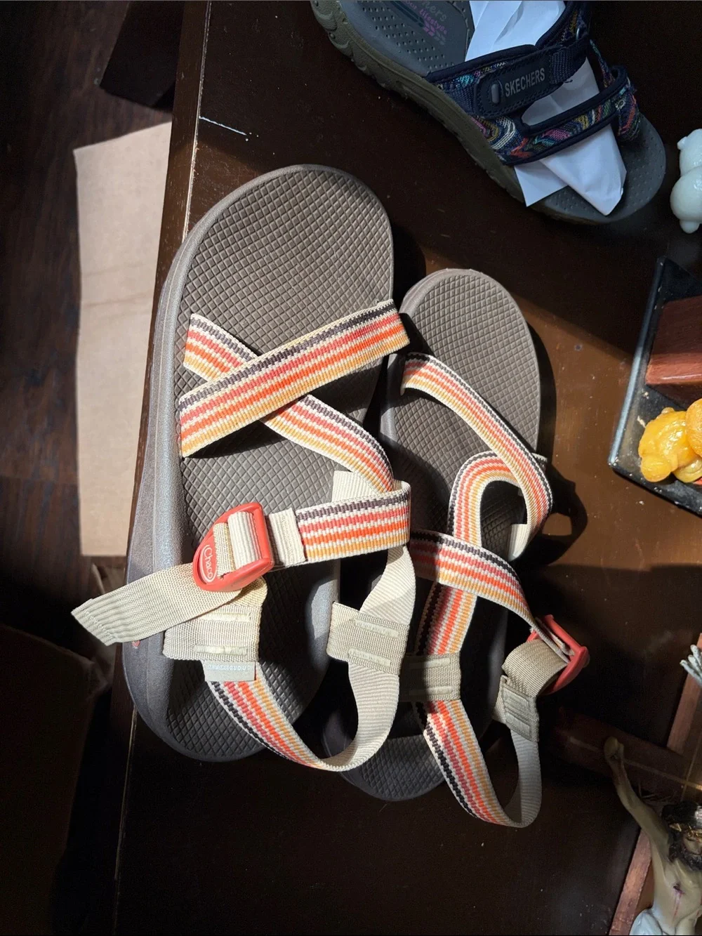 New Chaco Striped Strap Outdoor Sandals - Gray Base with Orange & Red Accents 12